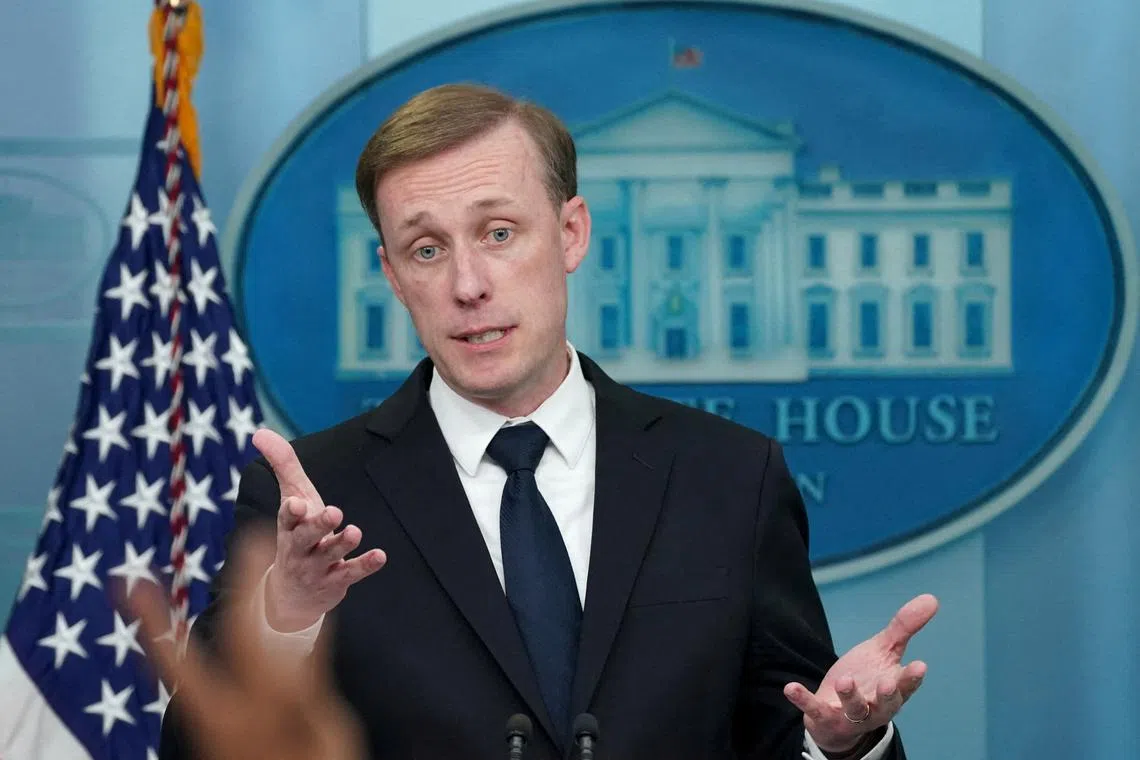 FILE PHOTO: U.S. national security adviser Jake Sullivan speaks during a press briefing at the White House in Washington, U.S., April 24, 2023. REUTERS/Kevin Lamarque/File Photo