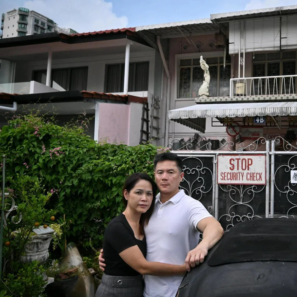 The victim, Mr Elgar Kwek, and his partner, Ms Brenda Chow, at the landed property in Katong that Mr Kwek owns.