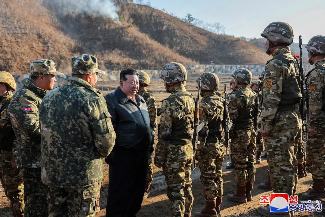 FILE PHOTO: North Korean leader Kim Jong Un inspects field training of troops at a major military operations base in the western region of the country, as he ordered heightened readiness for war, KCNA news agency reported, in North Korea, in this picture released on March 7, 2024 by the Korean Central News Agency. KCNA via REUTERS/File Photo