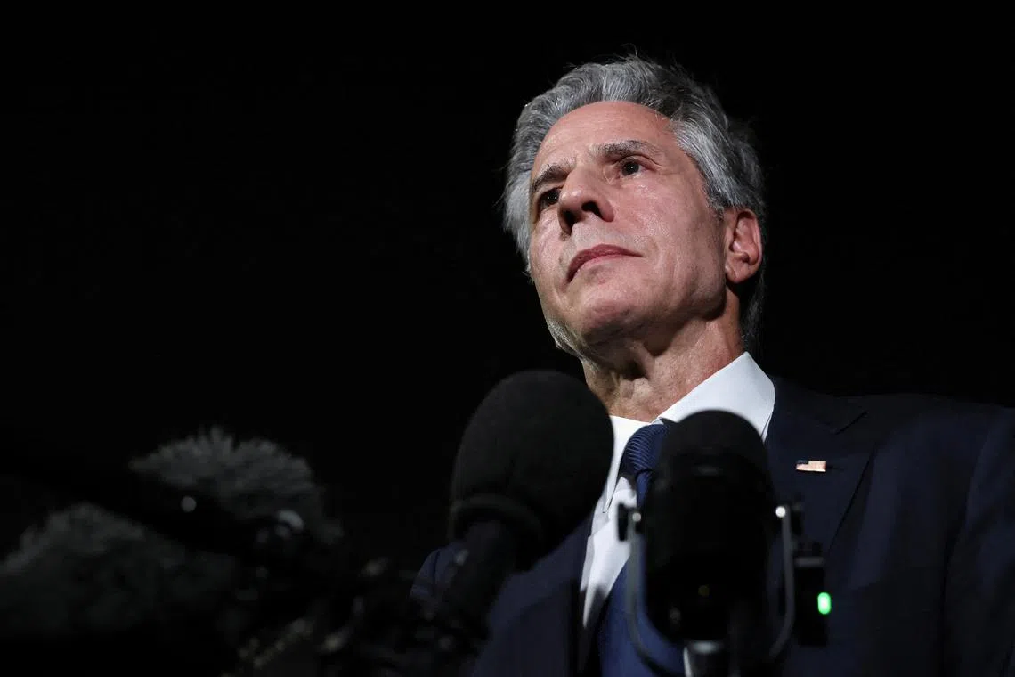 FILE PHOTO: U.S. Secretary of State Antony Blinken speaks to the press, in Doha, Qatar, August 20, 2024. REUTERS/Kevin Mohatt/Pool/File Photo