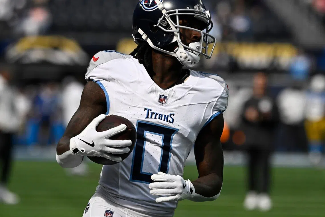 Nov 10, 2024; Inglewood, California, USA; Tennessee Titans wide receiver Calvin Ridley (0) during an NFL game against the Los Angeles Chargers  at SoFi Stadium. Mandatory Credit: Robert Hanashiro-Imagn Images/ File Photo