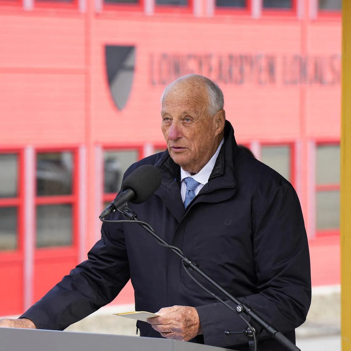 Norway's King Harald addresses a gathering in Longyearbyen, Spitsbergen Island, Svalbard archipelago, Norway, June 16, 2025. NTB/Cornelius Poppe/via REUTERS