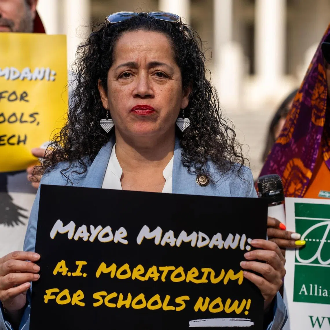 New York City Councilwoman Alexa Aviles attends a rally supporting a proposed moratorium on artificial intelligence in New York City classrooms, in New York, on April 16, 2026. 