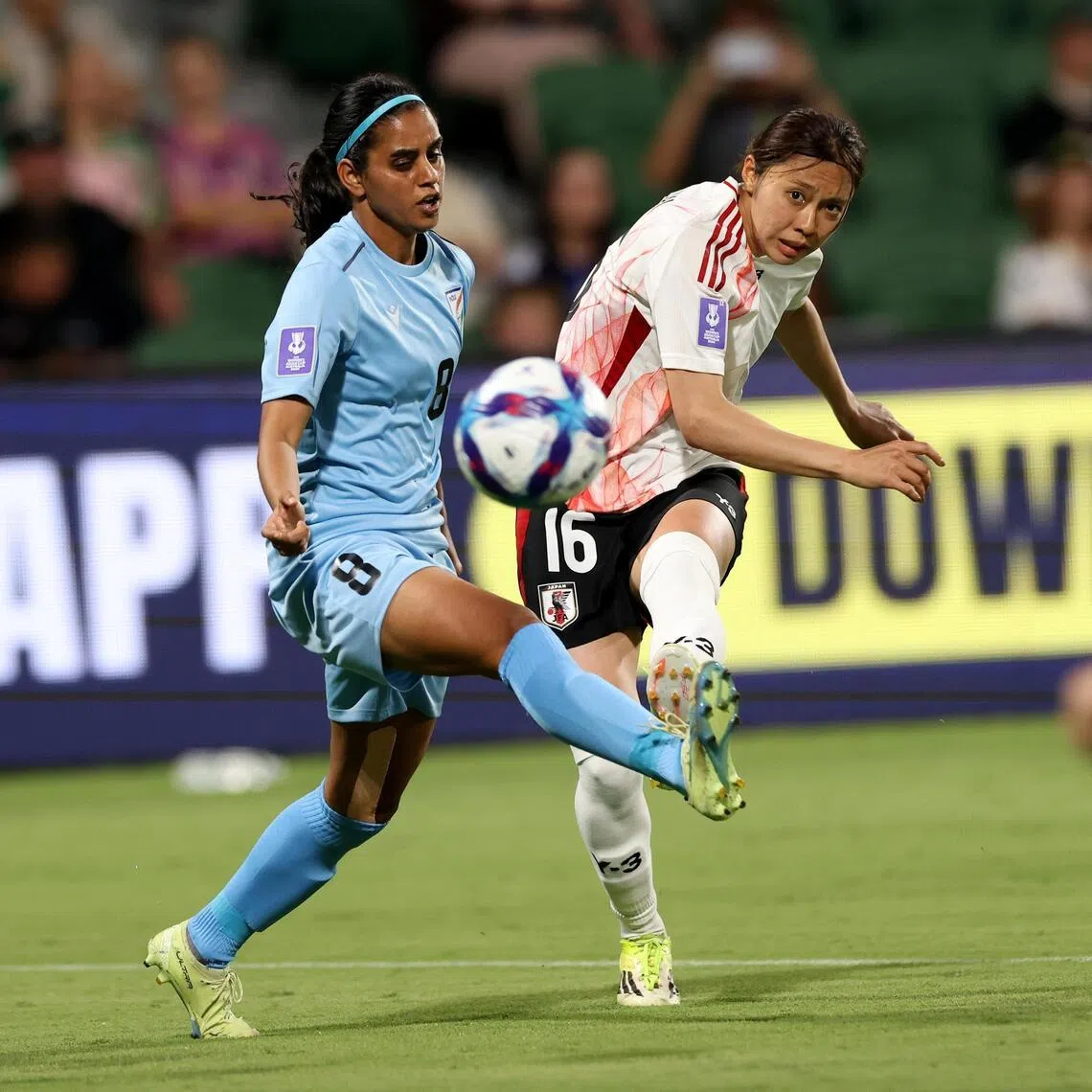 Japan’s Yuzuki Yamamoto scoring the opening goal in their 11-0 Women’s Asian Cup Group C win over India at the Perth Rectangular Stadium in Perth on March 7, 2026.