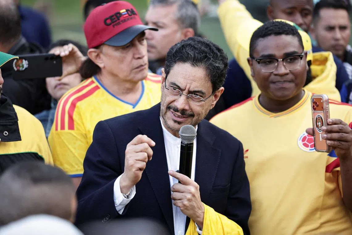 Colombian presidential candidate Ivan Cepeda of the Historic Pact party speaks during a campaign event with leaders of Colombian football fan groups, ahead of the presidential runoff election, in Bogota, Colombia, June 4, 2026. REUTERS/Jose Vargas