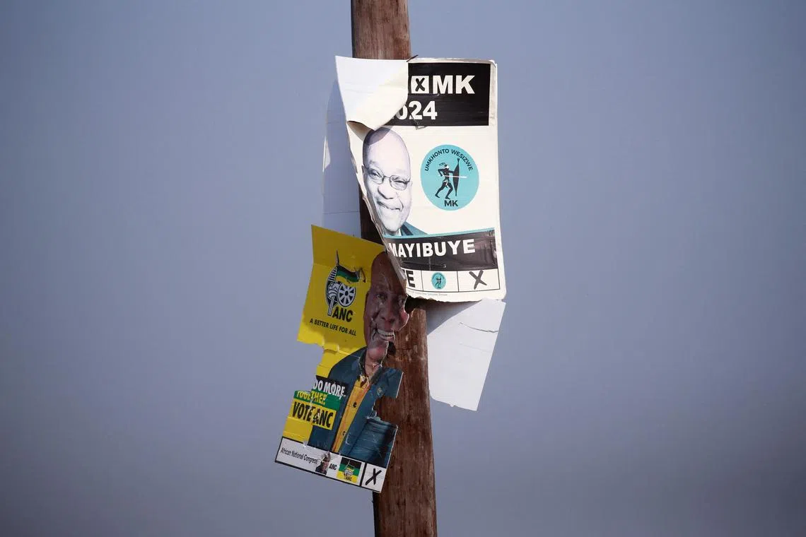 Posters of the African National Congress (ANC) and uMkhonto weSizwe (MK) are seen near the house of South Africa's former President Jacob Zuma, in Nkandla, South Africa, June 2, 2024. REUTERS/Rogan Ward