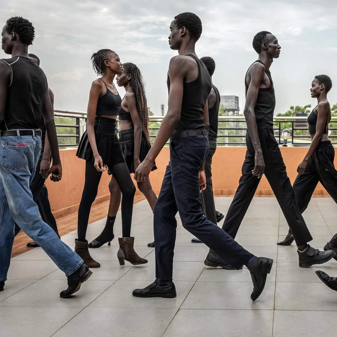 Professional models from the Juba-based modelling agency Jubalicious practise catwalking in Juba, South Sudan, on Feb 20.