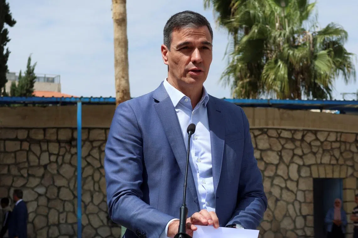FILE PHOTO: Spanish Prime Minister Pedro Sanchez speaks at a press conference during his visit to an UNRWA school, at the Jabal el-Hussein camp for Palestinian refugees in Amman, Jordan April 2, 2024. REUTERS/Jehad Shelbak/File Photo