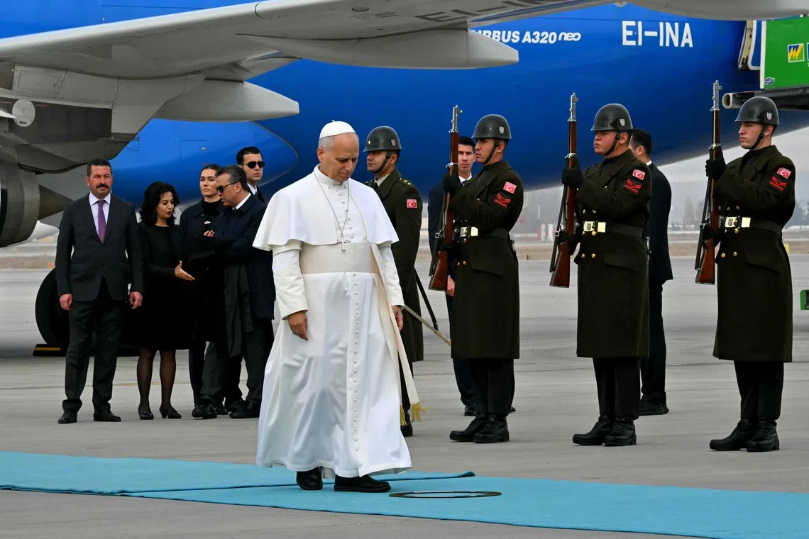 Pope Leo XIV disembarks from his plane after his arrival at Esenboga International Airport in Ankara on Nov 27.