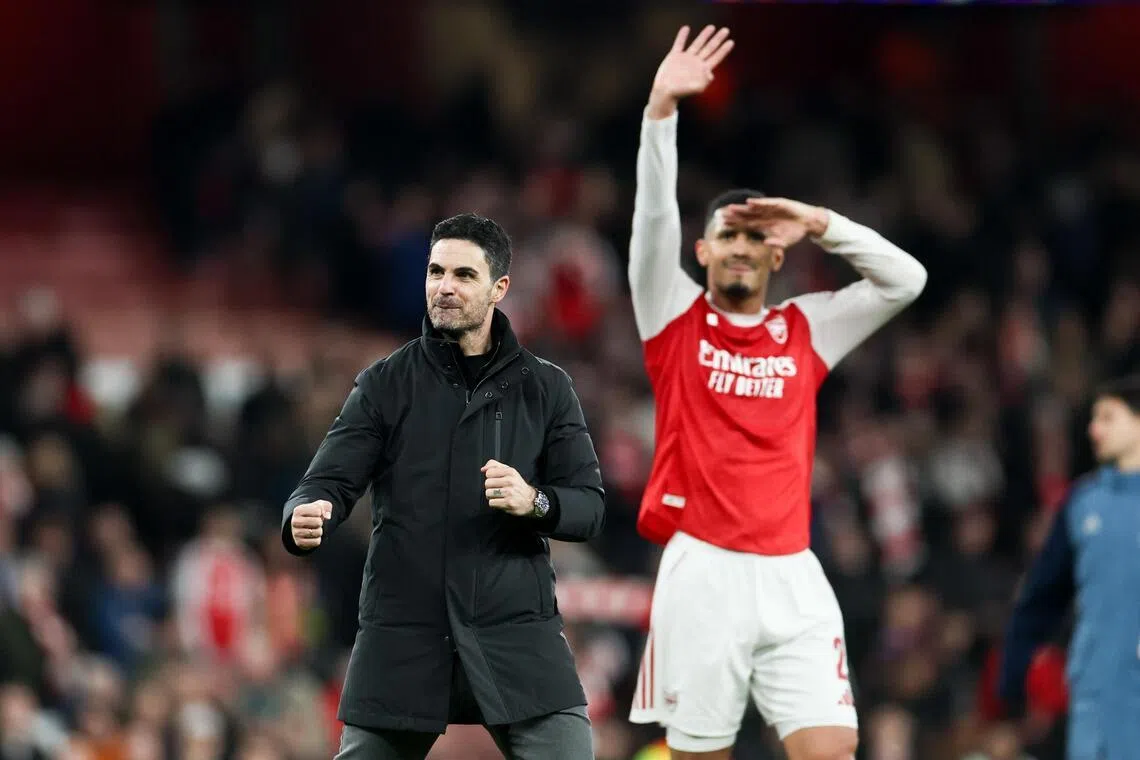 Arsenal manager Mikel Arteta celebrate s after the UEFA Champions League Round of 16, 2nd leg match between Arsenal and Bayer Leverkusen on March 17.