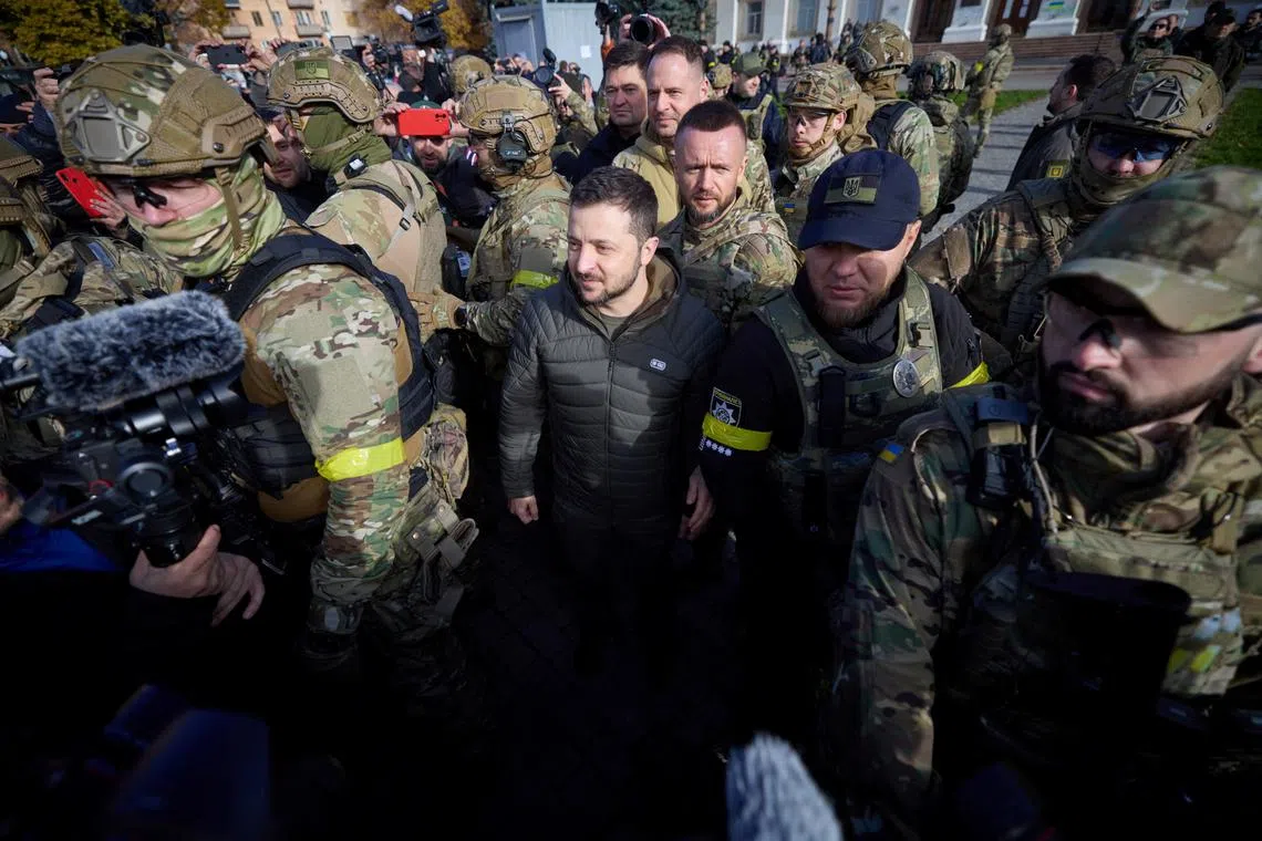Ukraine President Volodymyr Zelensky visiting Kherson, Ukraine on Nov 14, 2022. 