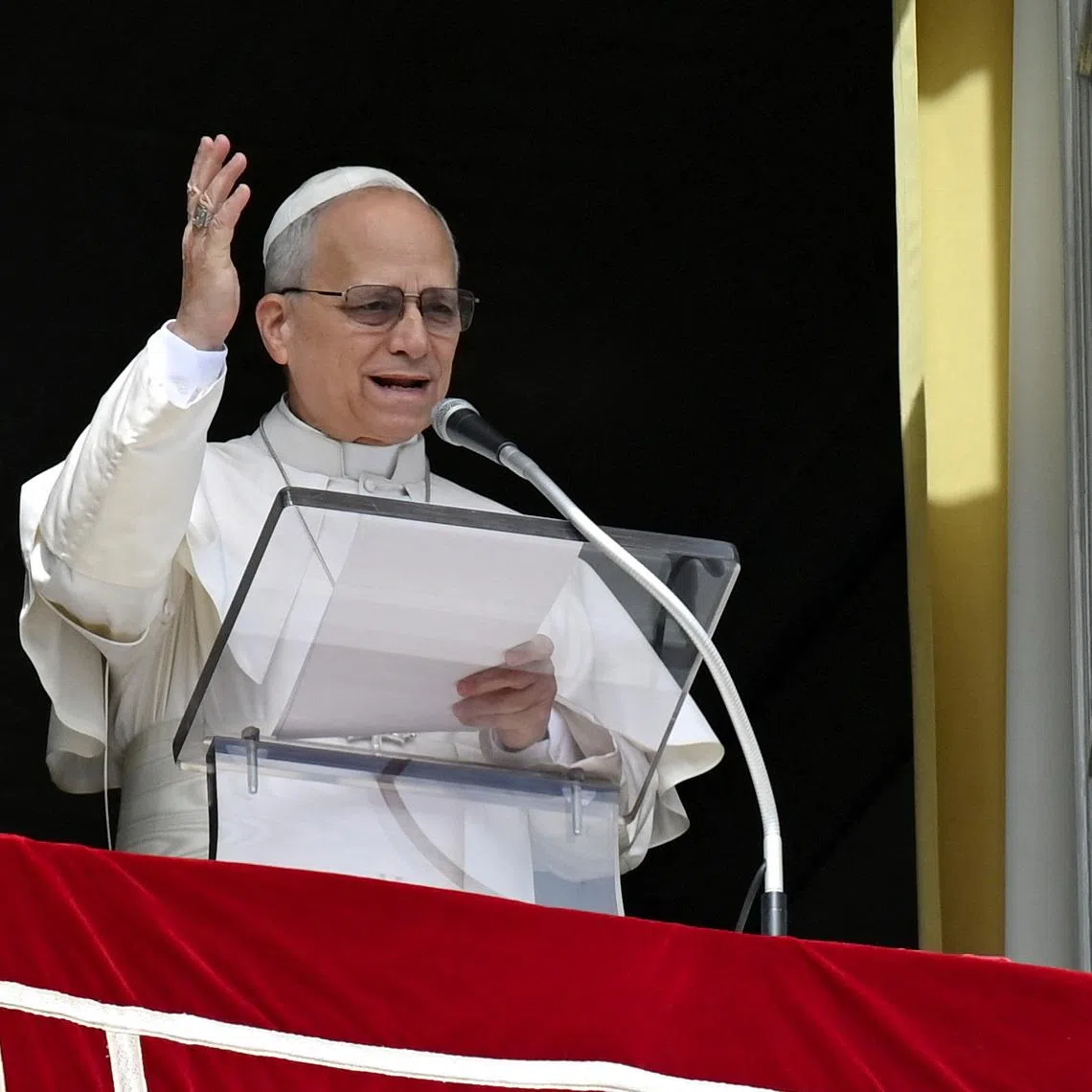 Pope Leo XIV leads the Angelus prayer from the window of the Apostolic Palace at the Vatican, March 8, 2026.   Vatican Media/­Handout via REUTERS