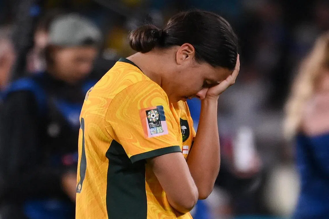 Australia's star forward Sam Kerr reacting at the end of the Australia and New Zealand 2023 Women's World Cup semi-final football match between Australia and England at Stadium Australia in Sydney on Wednesday. Her Matildas side lost 3-1.