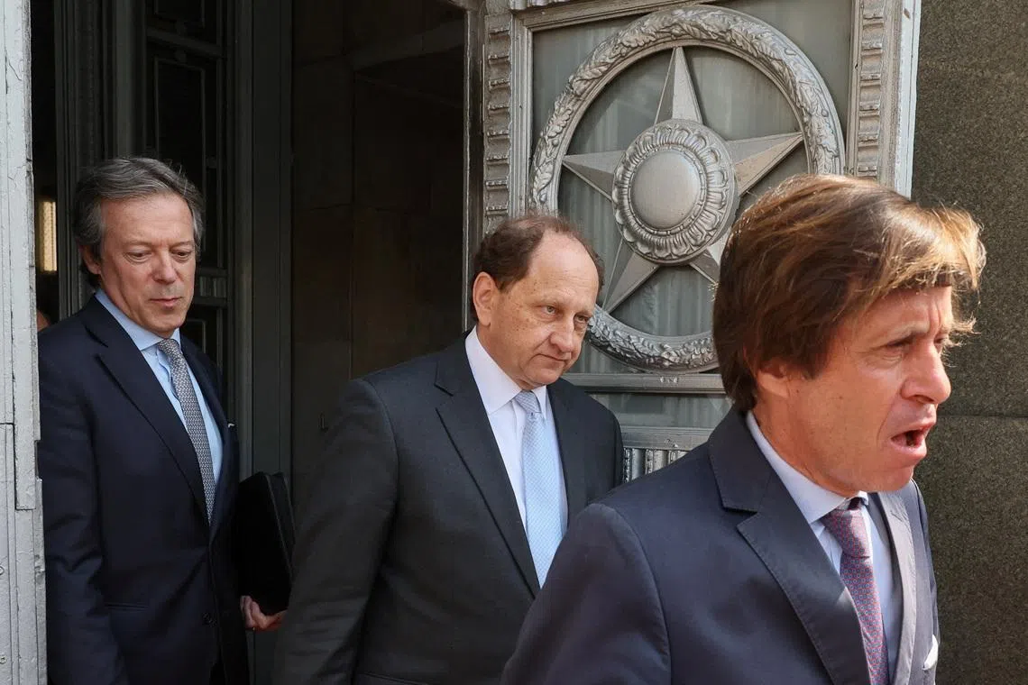 Foreign ambassadors to Russia Nicolas de Riviere of France, Alexander Graf Lambsdorff of Germany and Nigel Casey of Britain leave after visiting the Russian Foreign Ministry headquarters in Moscow, Russia, June 11, 2026. REUTERS/Shamil Zhumatov