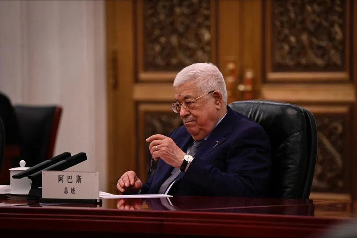 Palestinian President Mahmoud Abbas attends a meeting with Chinese Premier Li Qiang (not pictured) at the Great Hall of the People in Beijing on June 15, 2023. Jade Gao/Pool via REUTERS