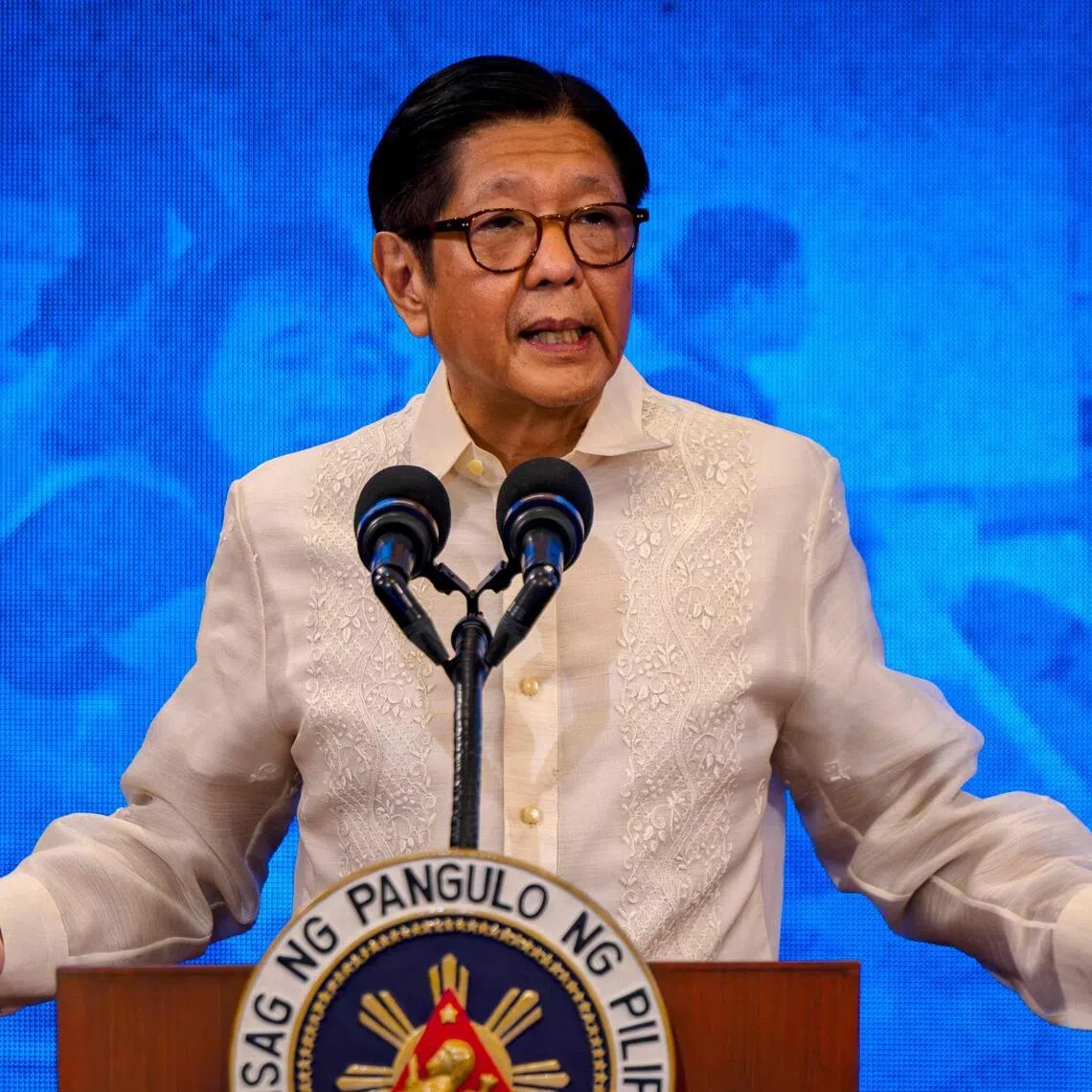 Philippine President Ferdinand Marcos speaks during a press conference at the Malacanang Palace in Manila on March 25, 2026. Marcos earlier declared a state of "national energy emergency" on March 24, citing risks to the domestic fuel supply and energy stability created by the Middle East war. (Photo by Ezra Acayan / POOL / AFP)