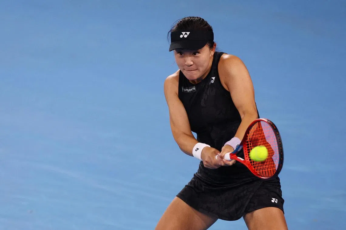 China's Lin Zhu in action during her Australian Open third round match against Greece's Maria Sakkari.
