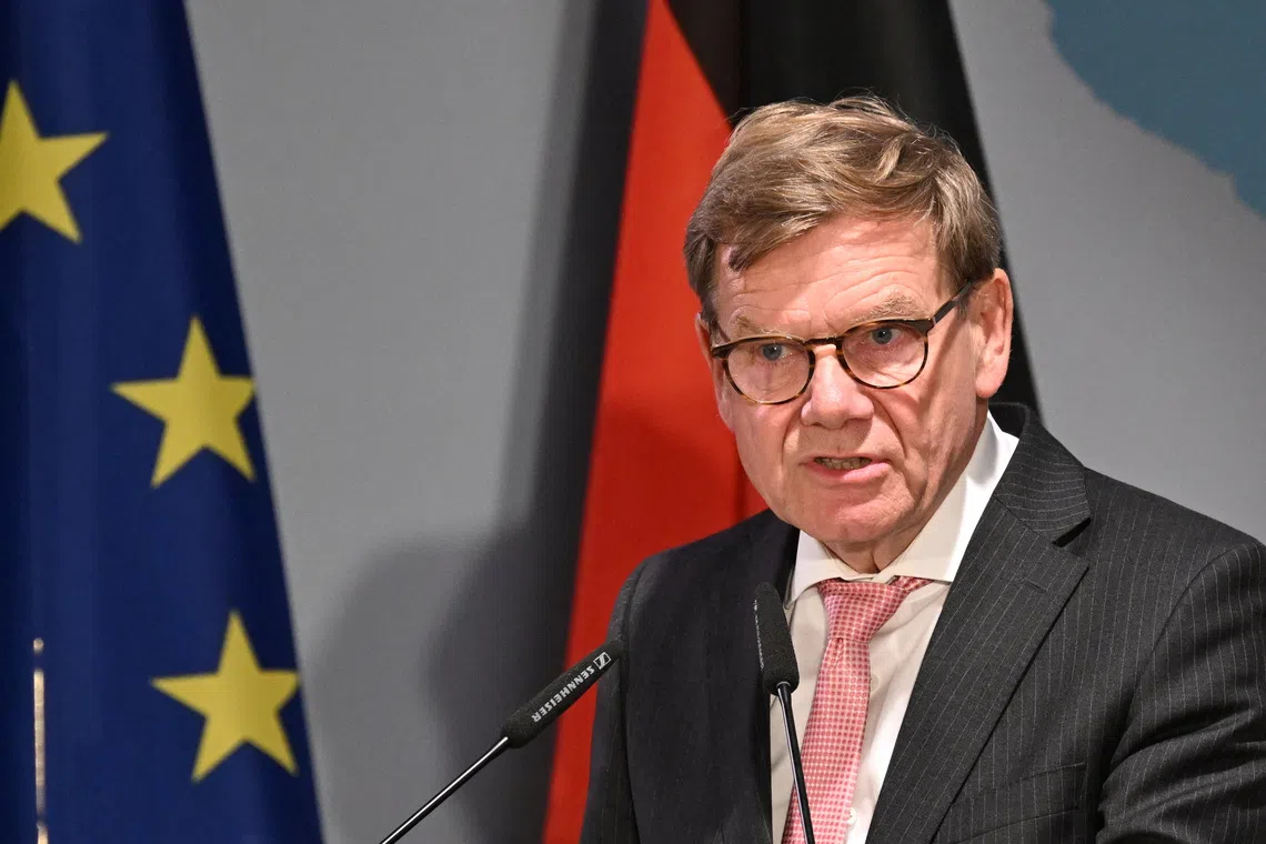 FILE PHOTO: German Foreign Minister Johann Wadephul gives the opening speech of the Conference of Ambassadors at the German Foreign Ministry in Berlin, Germany on Sepetmber 8, 2025. RALF HIRSCHBERGER/Pool via REUTERS/File Photo