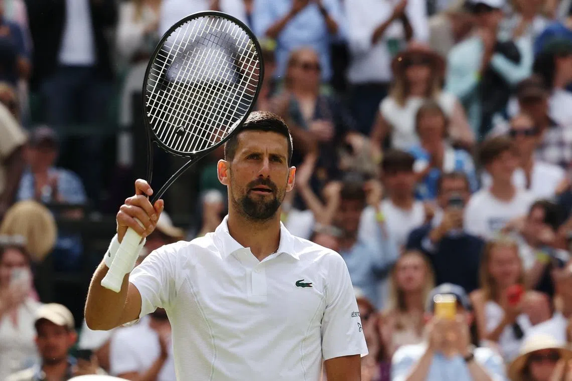 Tennis - Wimbledon - All England Lawn Tennis and Croquet Club, London, Britain - July 4, 2024 Serbia's Novak Djokovic celebrates winning his second round match against Britain's Jacob Fearnley REUTERS/Isabel Infantes