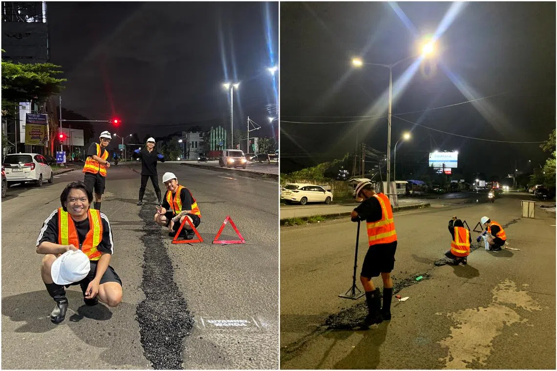 In Indonesia, members of community group Gen Burgeract fill in a pothole in Bekasi, West Java, in the early hours of March 7.