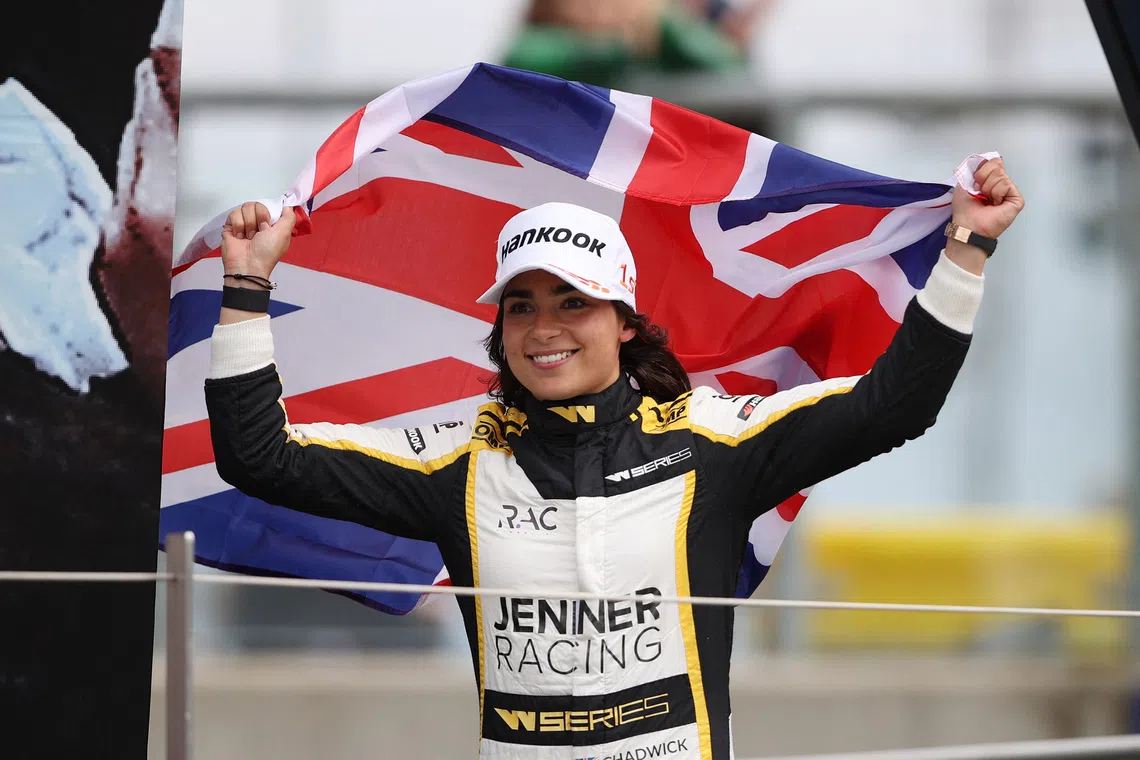 Formula One F1 - British Grand Prix - Silverstone Circuit, Silverstone, Britain - July 2, 2022 Jenner Racing's Jamie Chadwick celebrates after winning the W Series race REUTERS/Molly Darlington