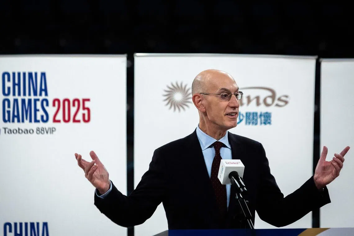 NBA commissioner Adam Silver delivers a speech ahead of the NBA pre-season games, at the Venetian Arena in Macau on October 9, 2025.