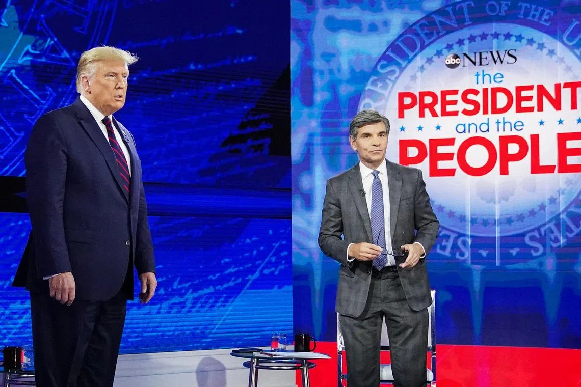 Then US President Donald Trump posing with ABC News anchor George Stephanopoulos ahead of a town hall in Philadelphia on Sept 15, 2020. 
