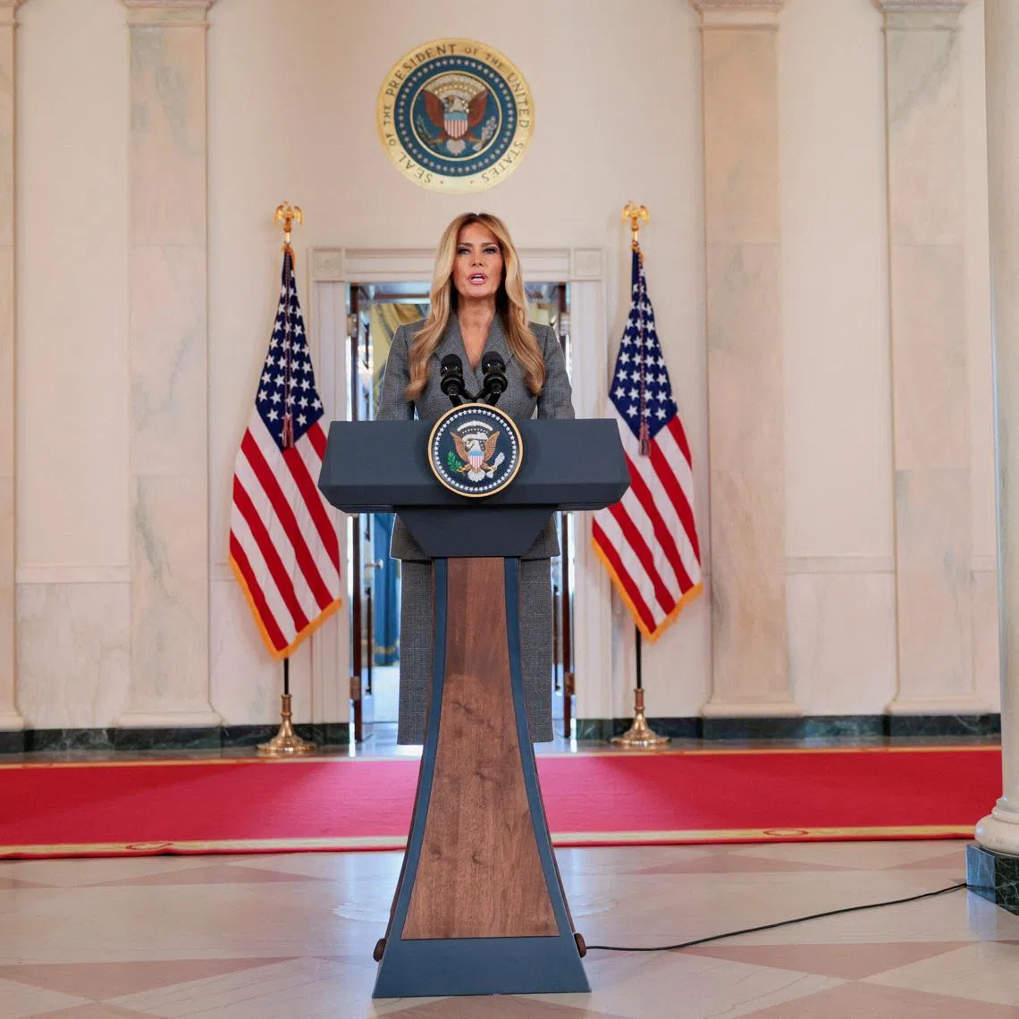 US first lady Melania Trump delivers remarks regarding the late financier and convicted sex offender Jeffrey Epstein on April 9.