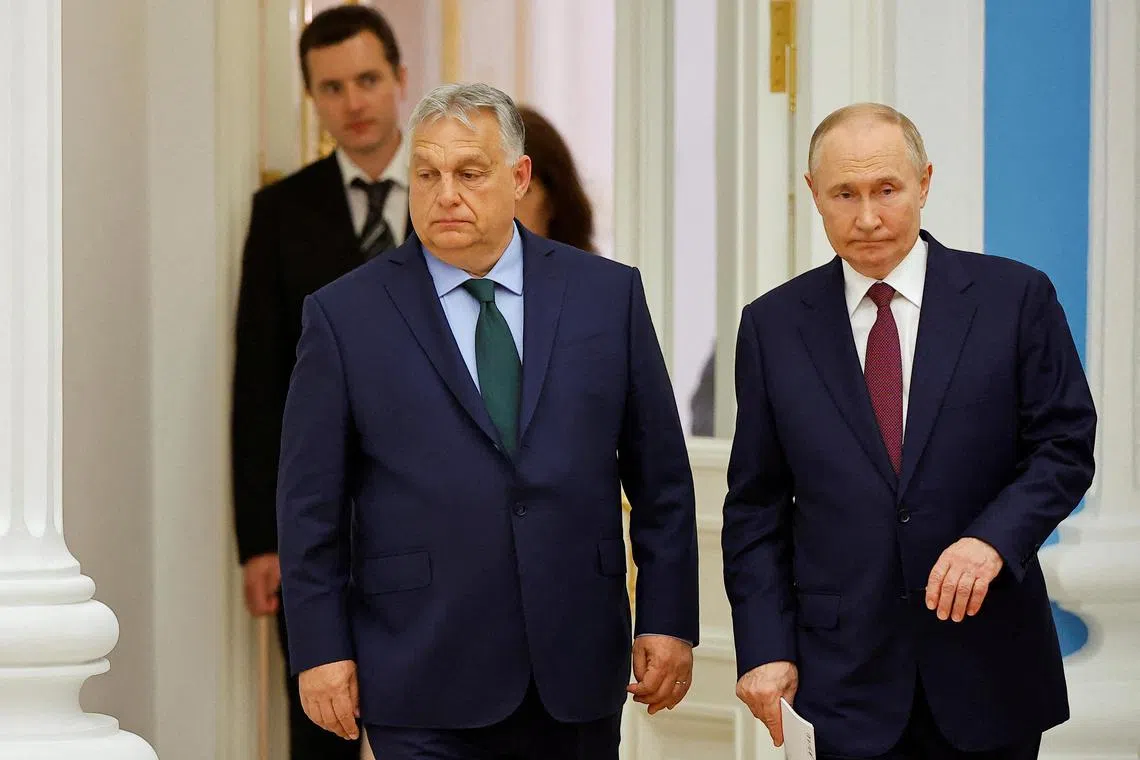 Hungarian Prime Minister Viktor Orban (left) visiting Russian President Vladimir Putin in Moscow, in July 2024.