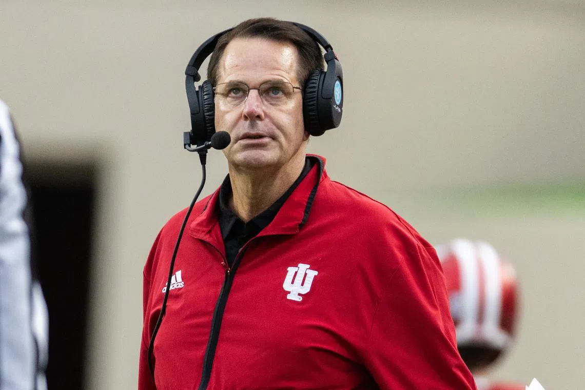 Nov 9, 2024; Bloomington, Indiana, USA; Indiana Hoosiers head coach Curt Cignetti looks on in the game against the Michigan Wolverines  at Memorial Stadium. Mandatory Credit: Trevor Ruszkowski-Imagn Images/ File Photo