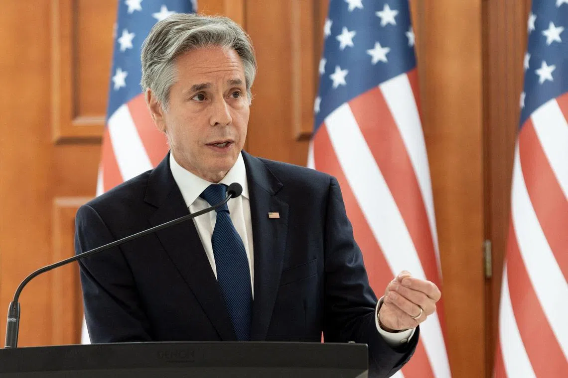 US Secretary of State Antony Blinken gestures as he speaks during a joint press conference with Moldova's President Maia Sandu (not pictured) at the Moldovan Presidential Palace in Chisinau, on May 29, 2024. The US Secretary of State is visiting Moldova with plans to show robust support for the frontline country's Western aspirations amid alarm over Russian gains elsewhere. (Photo by Elena COVALENCO / AFP)