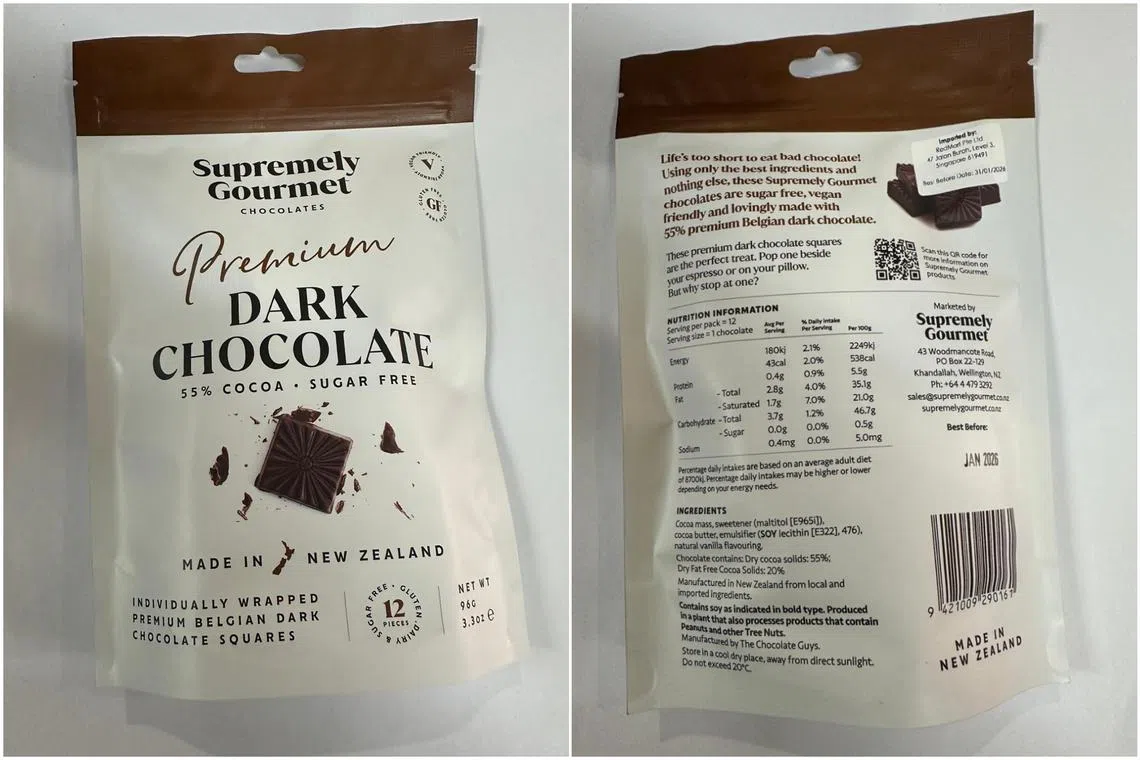Milk detected in the Supremely Gourmet Premium Dark Chocolate (96g) from New Zealand was not declared on the food packaging label.