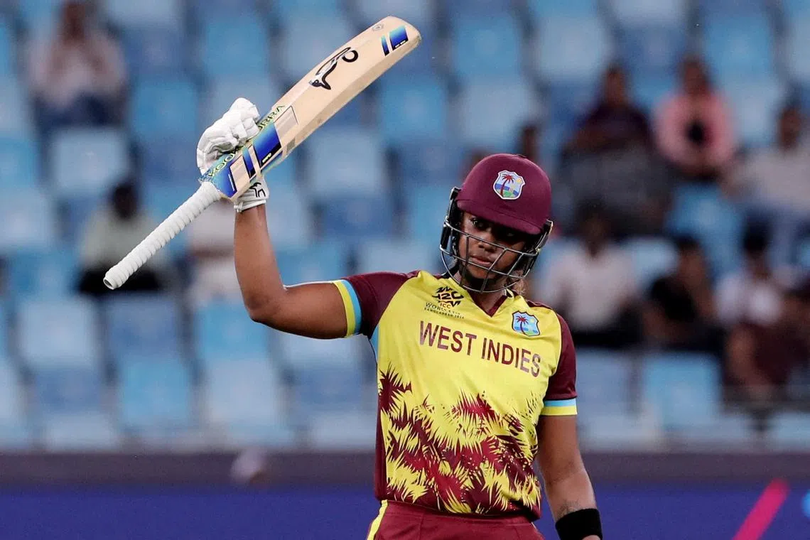 FILE PHOTO: Cricket - Women's Cricket T20 World Cup - England v West Indies - Dubai International Cricket Stadium, Dubai, United Arab Emirates - October 15, 2024  West Indies' Hayley Matthews celebrates after reaching her half century REUTERS/Satish Kumar/File Photo