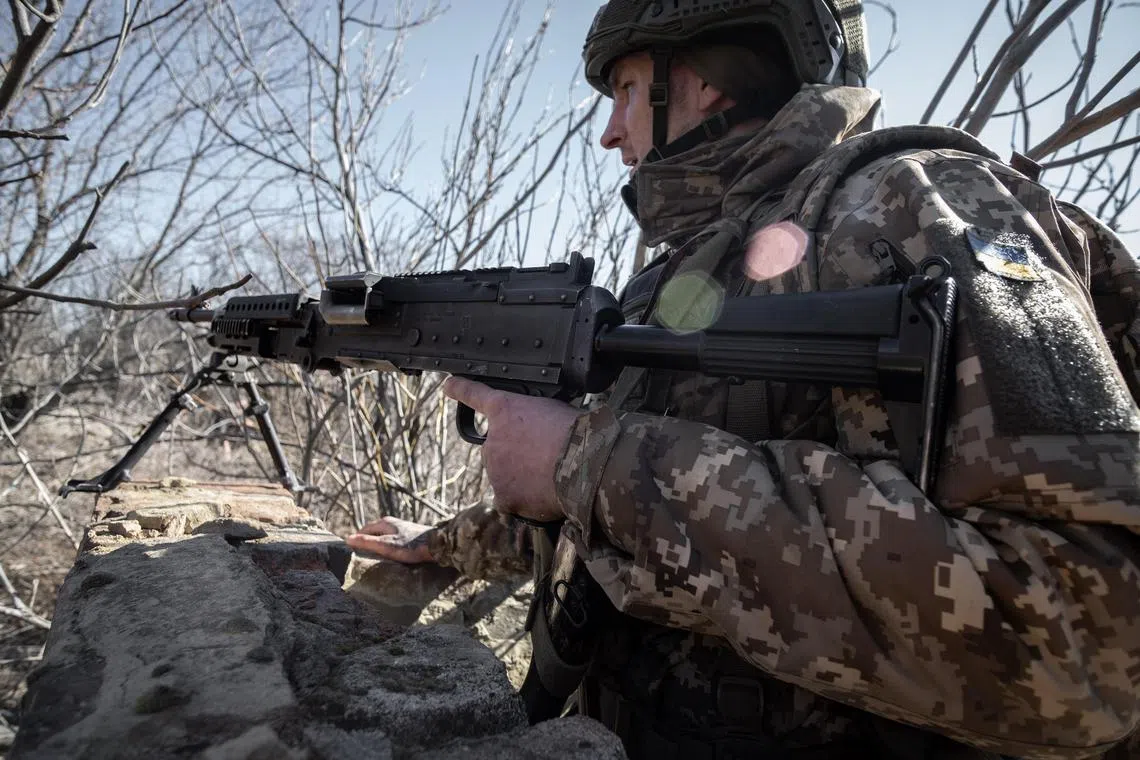 A soldier of the Alcatraz Battalion, made up of former Ukrainian convicts, participating in tactical infantry training at an undisclosed location in Ukraine on March 7.