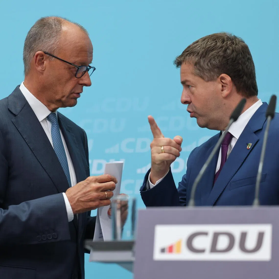 German Chancellor and CDU chairman Friedrich Merz (left) and Saxony-Anhalt’s defeated State Premier Sven Schulze at a news conference in Berlin on Sept 7, the day after far-right AfD won the vote by a wide margin.