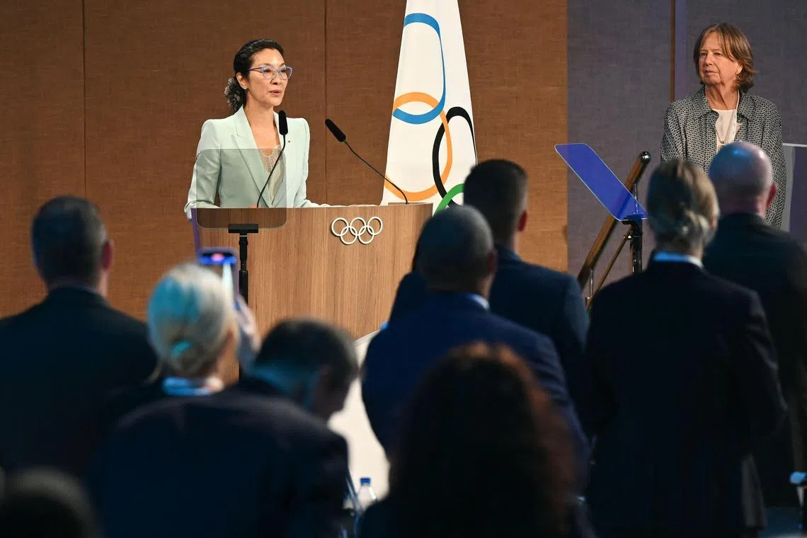 Malaysian actress and Oscar winner Michelle Yeoh takes the oath as member of the International Olympic Committee (IOC) during the third day of the 141st IOC session in Mumbai on Oct 17, 2023. 