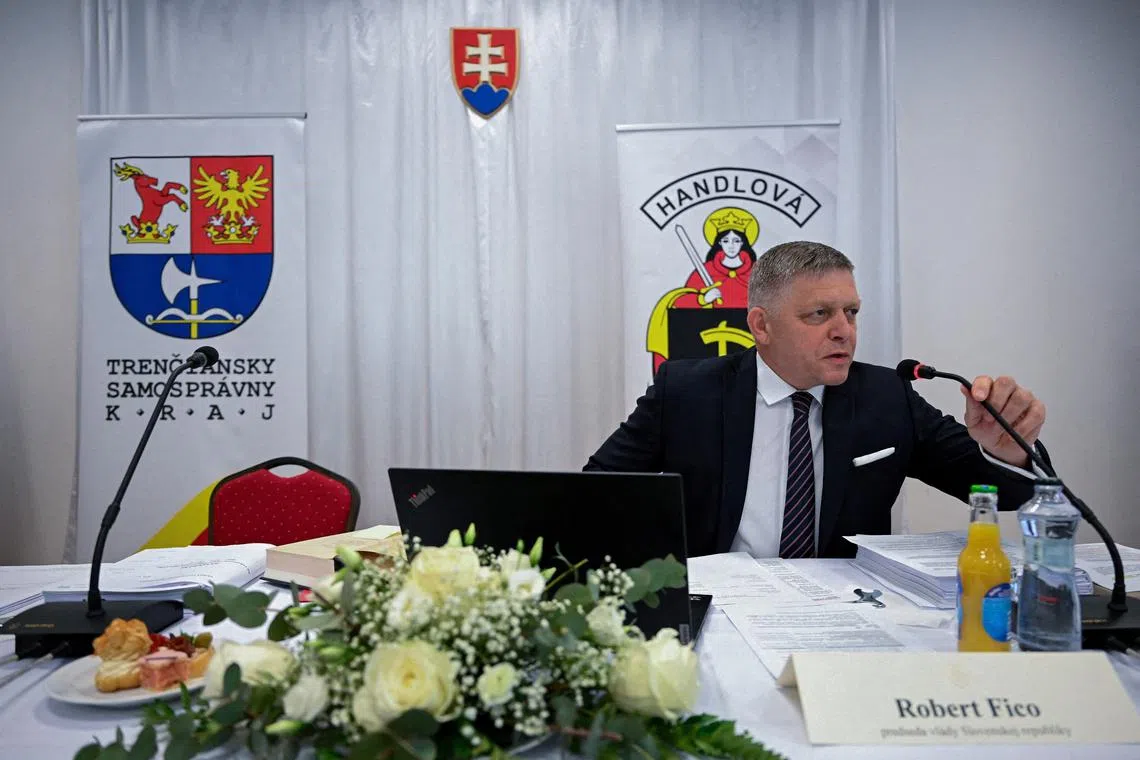 FILE PHOTO: Slovakia's Prime Minister Robert Fico attends a government meeting, before he was shot at close range in an assassination attempt, in Handlova, Slovakia, May 15, 2024. REUTERS/Radovan Stoklasa/File Photo