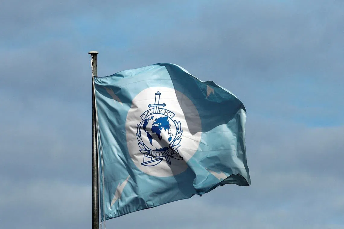 FILE PHOTO: A flag with the logo of the International Criminal Police Organization (INTERPOL) is seen at the headquarters in Lyon, France, September 30, 2023. REUTERS/Gonzalo Fuentes/File Photo