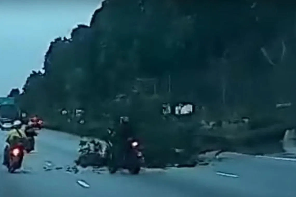 aqroad14 - Screengrab.  A tree fell on Seletar Expressway on Wednesday evening, resulting in one person taken to hospital.


Credit: SG Road Vigilante/YouTube