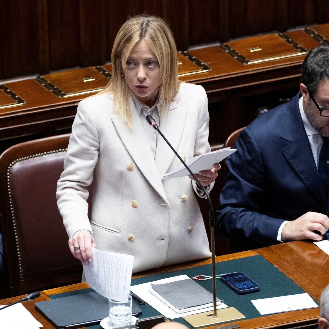Italy's Prime Minister Giorgia Meloni speaks at the the lower house of Parliament, ahead of a European Union leaders' summit, in Rome, Italy, December 17, 2025. REUTERS/Remo Casilli