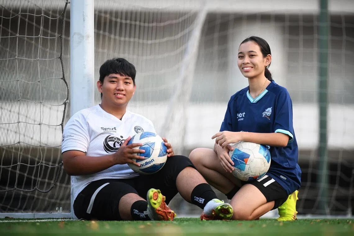 ST20251018_202581600412 dlheartsleague Chong Jun Liang
From left: Muhammad Arfa Yazmi, 20 and Fajriyah Binte Mohamed Farid, 20 from the SportsCare HEARTS Football League on Oct 18, 2025.