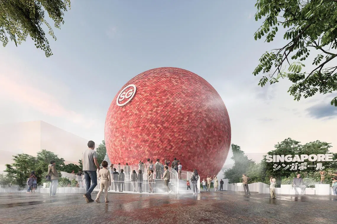 An artist's rendition of the Singapore Pavilion in the day at the Osaka World Expo, a six-month tourism extravaganza which will begin on April 13, 2025. The Singapore Pavilion is named ‘The Dream Sphere’ and bears the tagline ‘Where Dreams take Shape’, with interactive multimedia and art installations that feature Singapore artists and showcase the nation's bold and contemporary spirit.