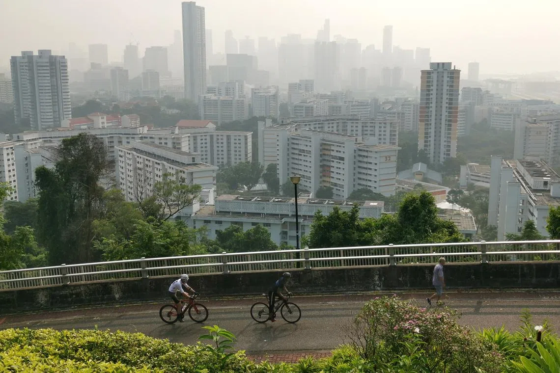 View of a hazy skyline from Mount Faber at 9.10am on 7 Oct. The 24-hour PSI in the south was 85.