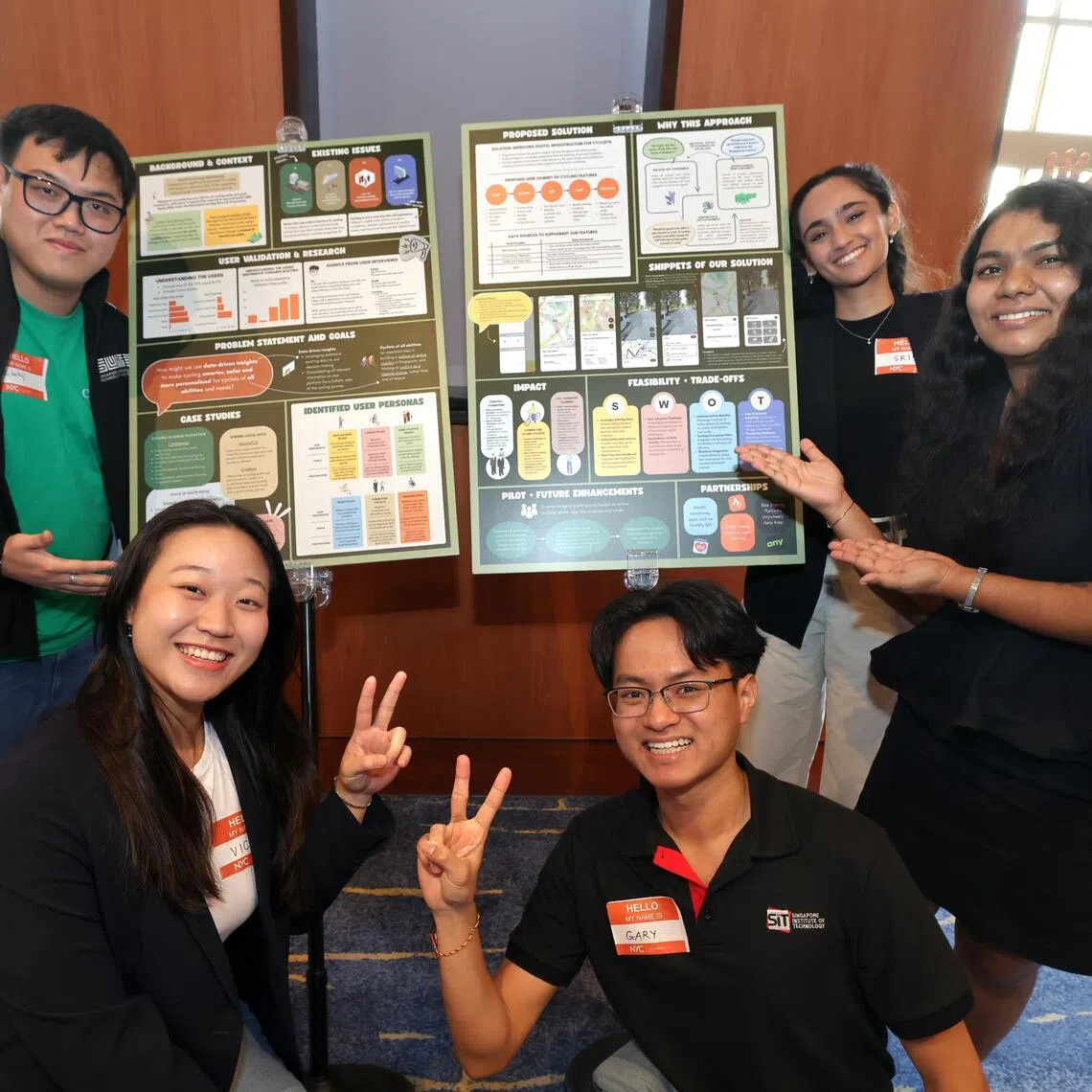 (From left Nicholas Peck Jun Le, Chung Tzu Chi, Gary Yin Kian Lee, Radhakrishnan Srivarshini, Jayaraman Sophia Rita, are part of a group that presented their proposal for a one-stop platform integrating cycling information and journey-planning tools to cater to different cyclist profiles, at a panel presentation held at the Asian Civilisations Museum on Sept 26.