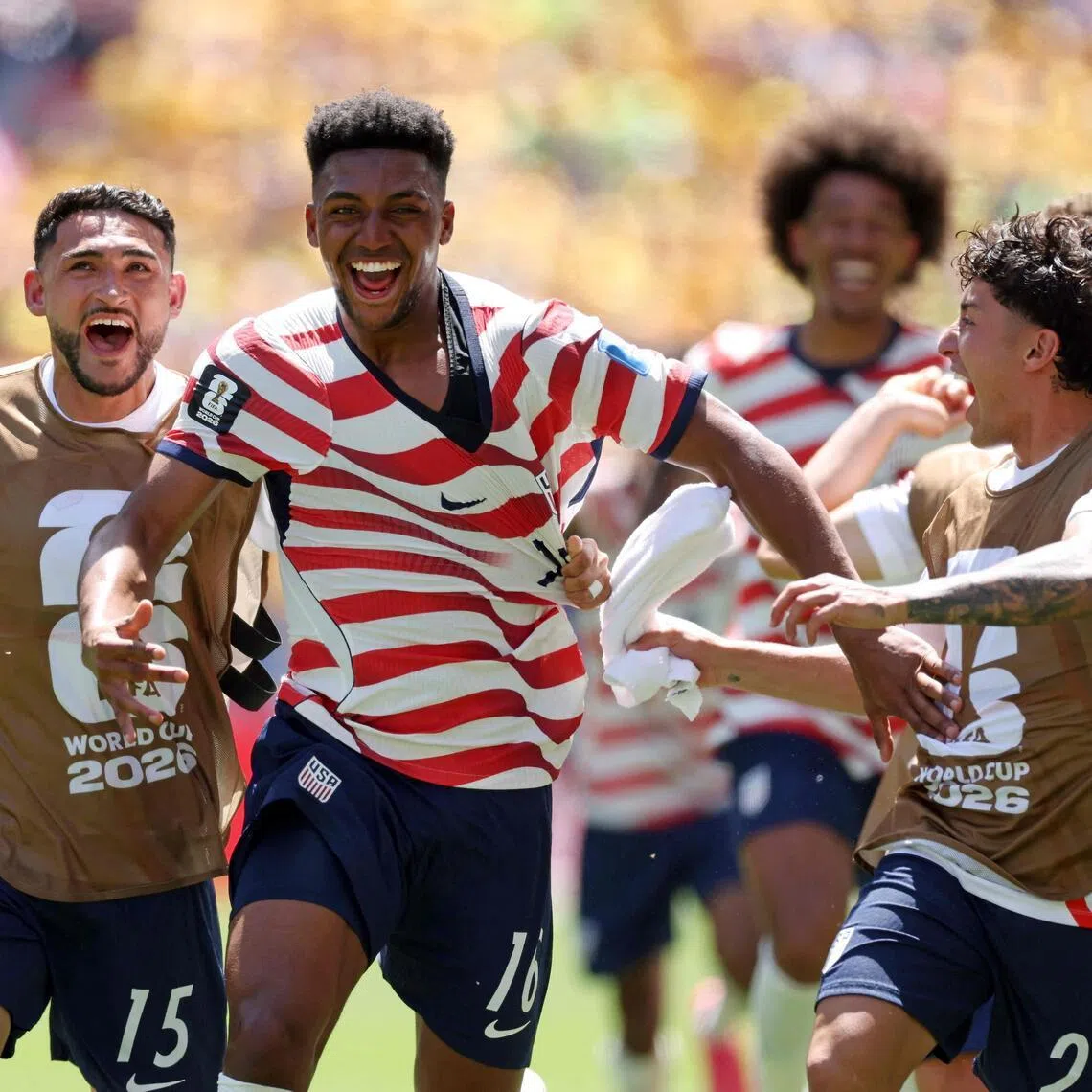 Alex Freeman (second from left) celebrating the United States' second goal in their 2-0 World Cup win over Australia at Lumen Field in Seattle on June 19, 2026.