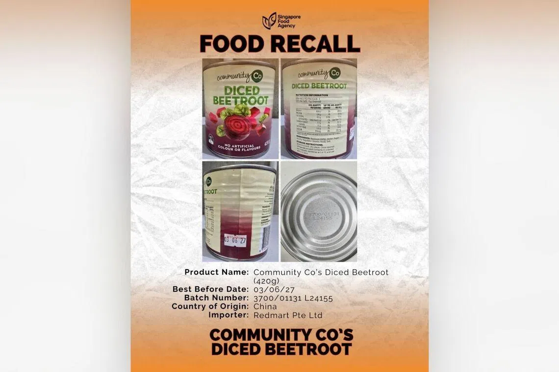 SFA has directed importer Redmart to recall the affected batch 3700/01131 L24155 of Community Co’s Diced Beetroot canned product.