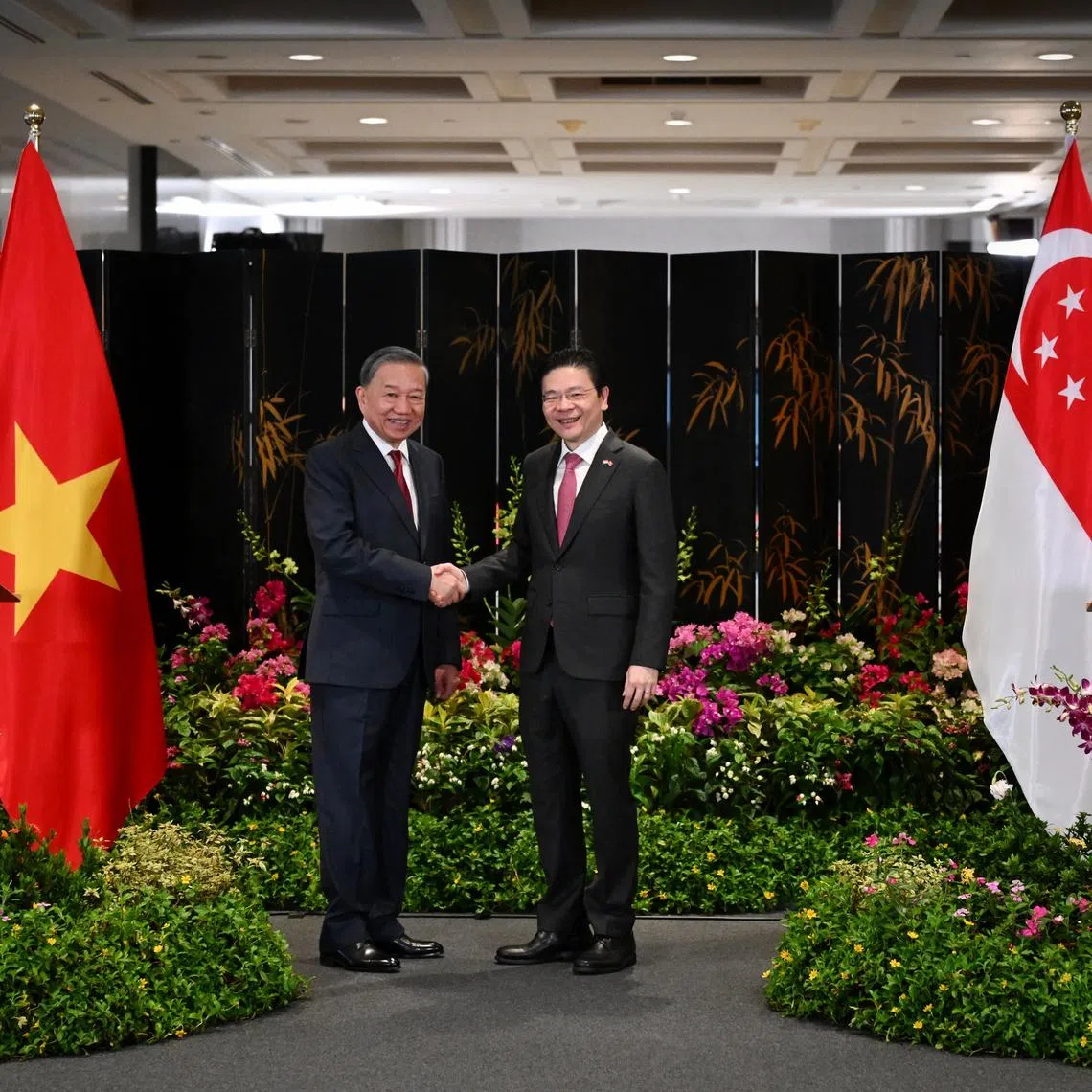 Prime Minister Lawrence Wong (right) with General Secretary of the Communist Party of Vietnam To Lam at a joint press conference at the Parliament House on March 12.