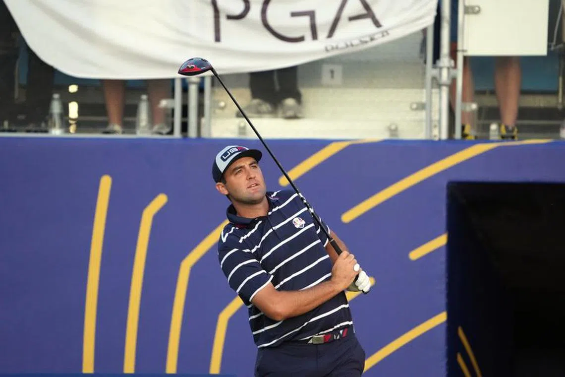 Sep 29, 2023; Rome, ITA; Team USA golfer Scottie Scheffler tees off on the first hole during day one foursomes round for the 44th Ryder Cup golf competition at Marco Simone Golf and Country Club. Mandatory Credit: Kyle Terada-USA TODAY Sports