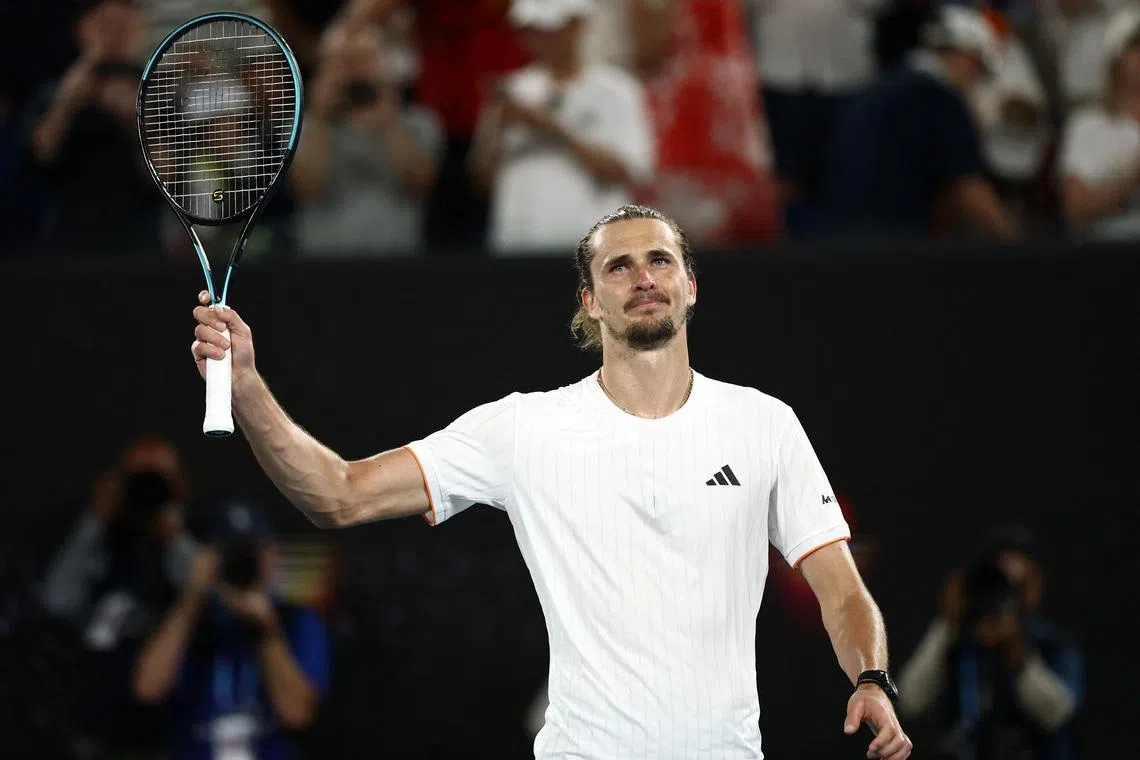 Tennis - Australian Open - Melbourne Park, Melbourne, Australia - January 27, 2026 Germany's Alexander Zverev celebrates after winning his quarter final match against Learner Tien of the U.S. REUTERS/Tingshu Wang
