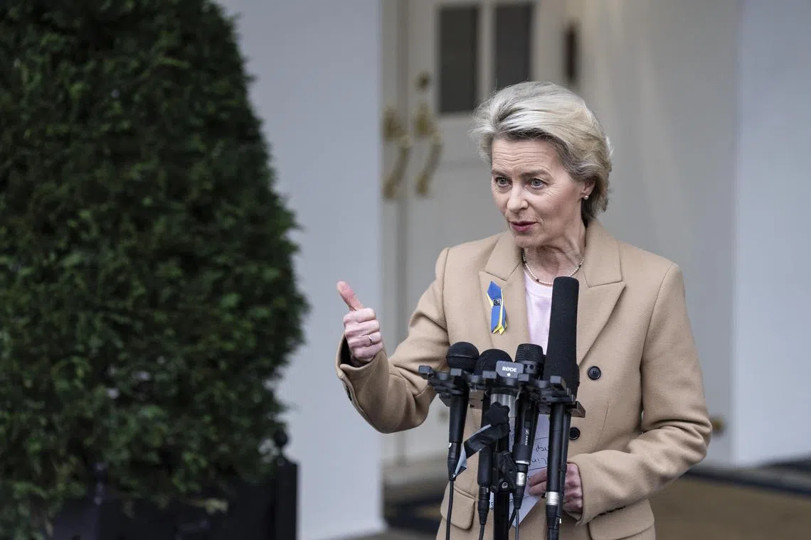 Ursula von der Leyen, president of the European Commission, speaks to reporters after meeting with President Joe Biden at the White House in Washington, March 10, 2023. (Haiyun Jiang/The New York Times)